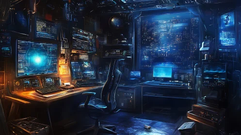 Midnight coder&rsquo;s neon-lit command center of glowing screens.