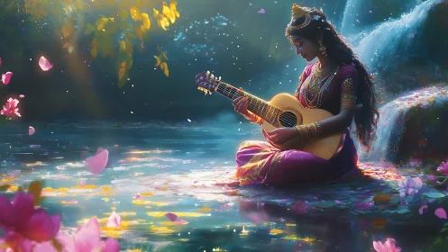 Woman in traditional dress plays guitar beside a waterfall