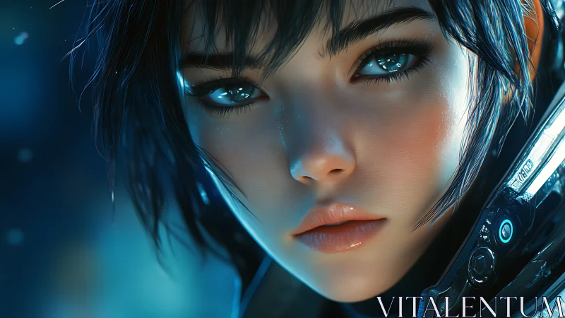 Cyborg heroine gazes ahead in luminous blue neon glow