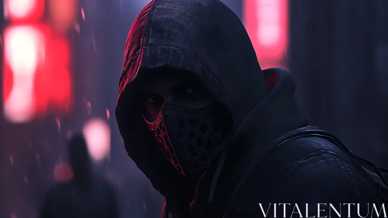 Hooded masked figure stands in neon lit rainy city street