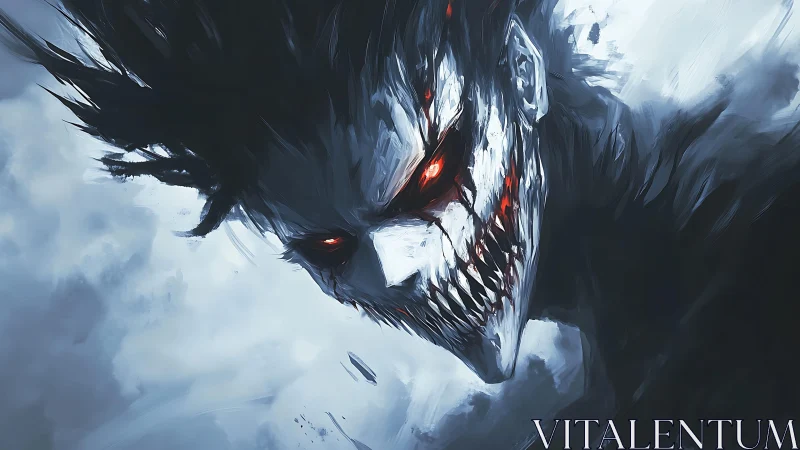 Demonic skull-faced specter emerges through stormy shadows.