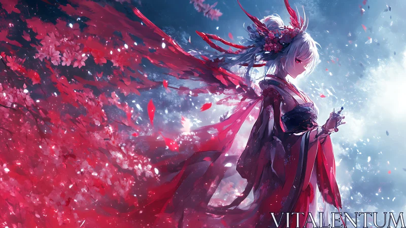 Crimson blossom sorceress walking the edge of a storming sky.