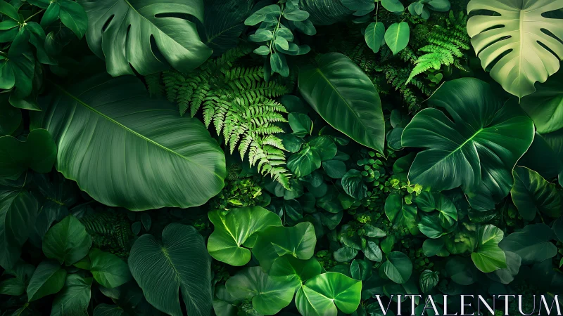Dense tropical foliage fills frame with layered green leaves