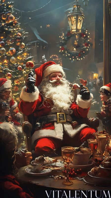 Santa leads festive Christmas feast beside glowing tree.