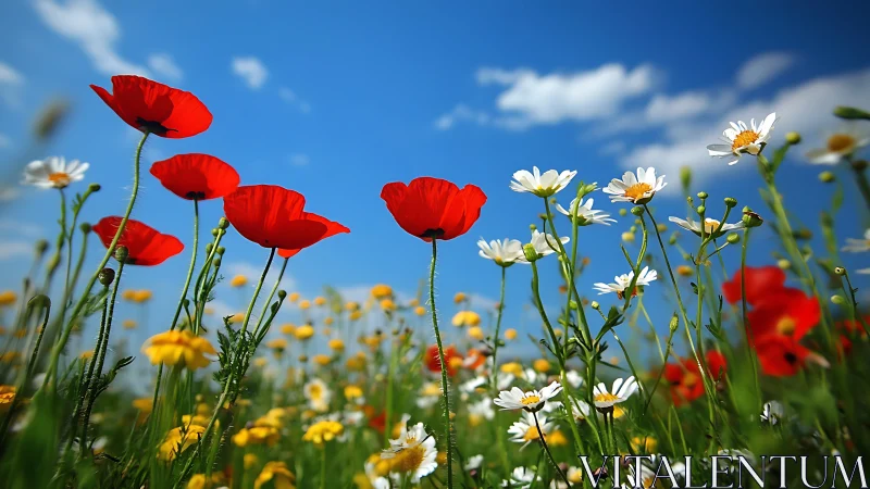 Wildflower Symphony: Red Poppies Dancing with Daisies.