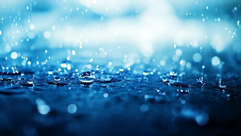 Photorealistic macro study of raindrops on reflective surface.