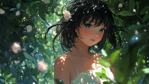 Sunlit anime girl framed by verdant foliage in soft bokeh light