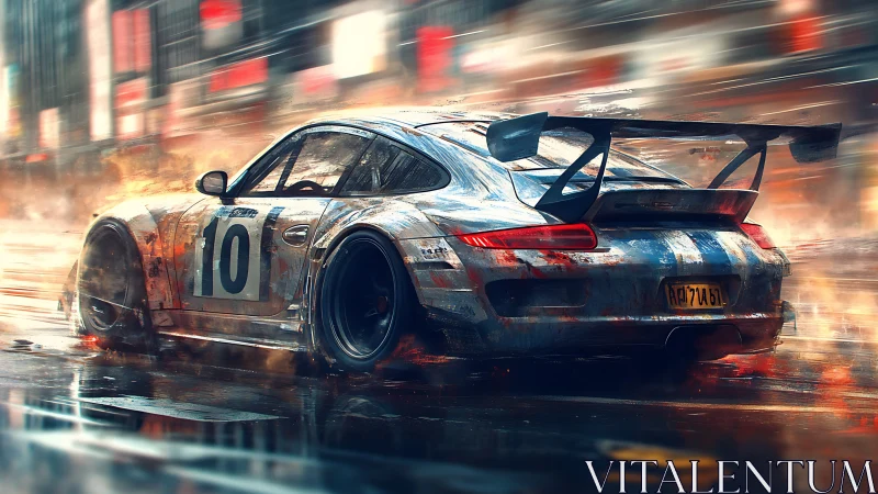 Racing car accelerates through wet city street at speed