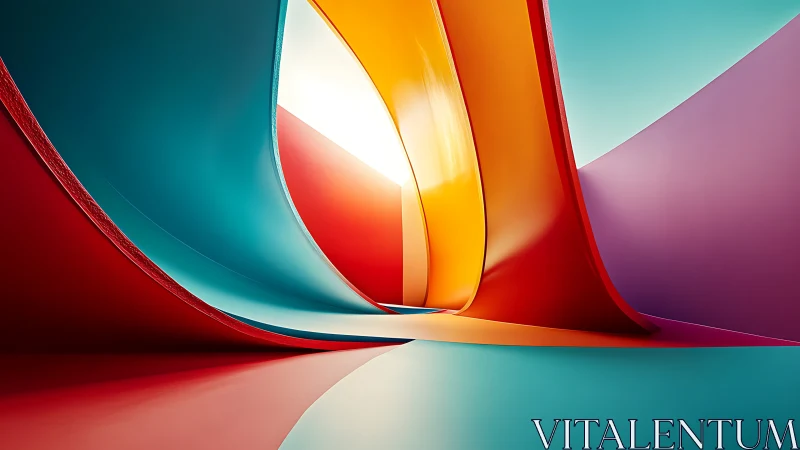 Curved color ribbons form luminous abstract tunnel space.