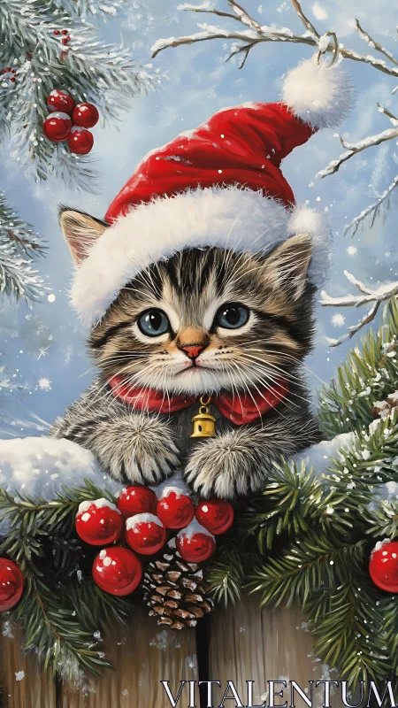Snow-dusted kitten crowns winter with a jaunty Santa hat