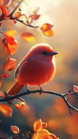 Autumn-lit scarlet songbird poised on glowing branch.