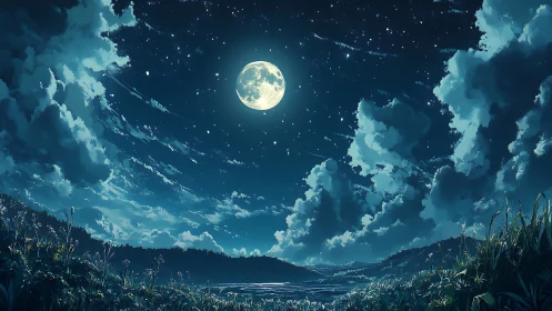 Luminous full moon over cloud-swept valley nightscape