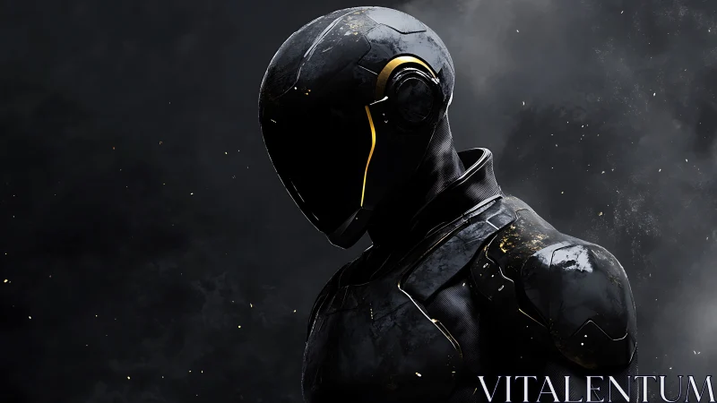 Black armored futuristic figure in dark atmospheric scene.