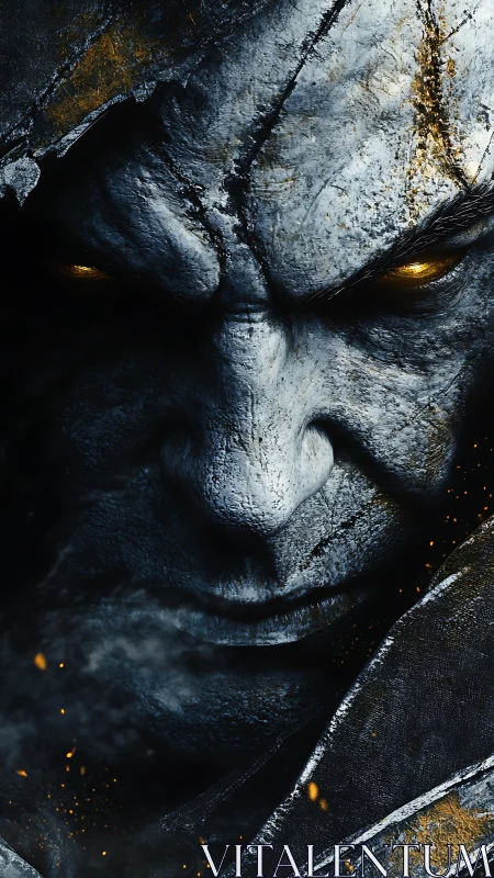 Stone-faced guardian with molten eyes and fierce resolve.