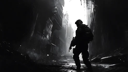 High-contrast digital painting of soldier in ruined alleyway.