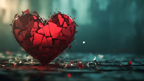 Shattered Red Heart Against Teal Atmosphere.