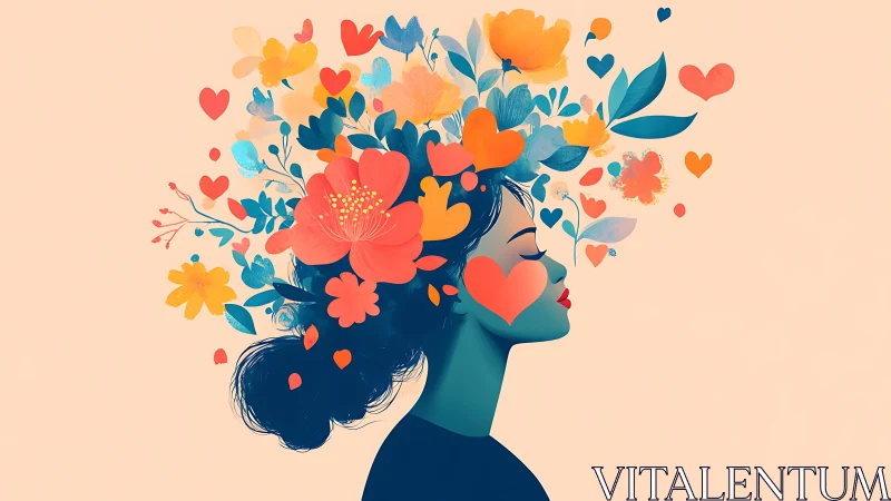 Woman’s Silhouette with Blooming Flowers and Hearts, Digital Art.