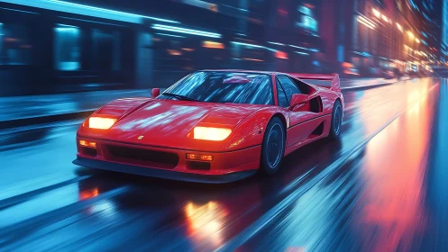 Red supercar cuts neon reflections on wet city street.