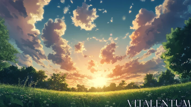 Sunlit meadow horizon rendered in high-detail anime style