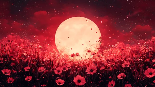 Crimson moon rises over luminous wildflower meadow at night.