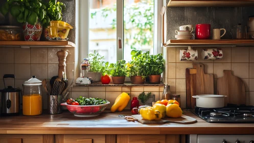 Sunlit cozy kitchen invites fresh cooking with garden herbs