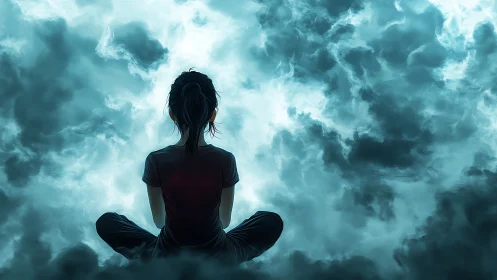 Meditating figure centers within swirling teal storm clouds.