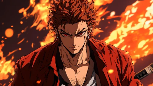 Flame-eyed anime warrior advances through blazing inferno.