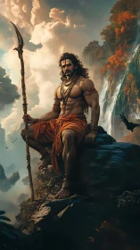 Muscular ascetic warrior seated on cliff under volumetric clouds