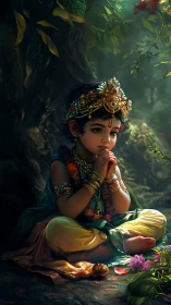 Divine child in jeweled regalia under volumetric forest light.