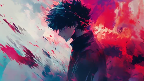 Brooding anime figure amid explosive neon color storm.