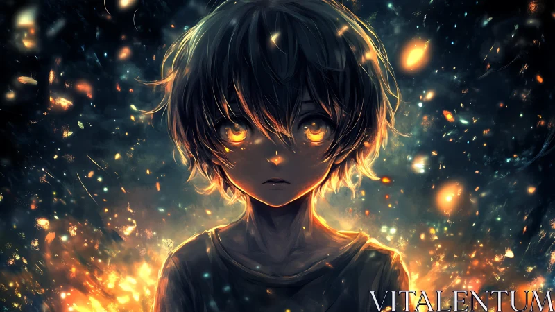 Luminous-eyed anime child stands amid swirling cosmic embers