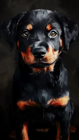 Tender rottweiler puppy portrait glows against dark backdrop