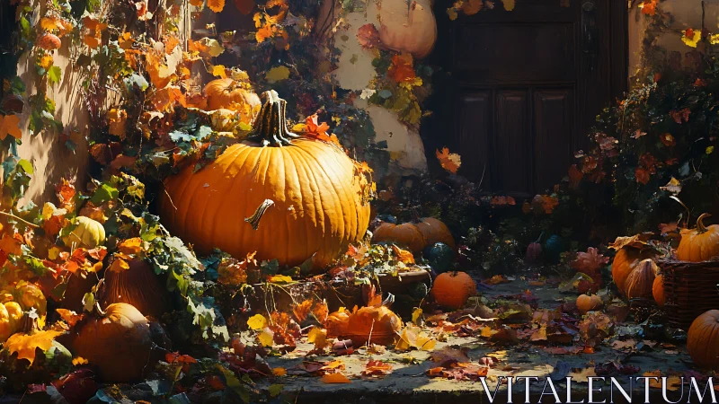 Giant pumpkin anchors rustic autumn doorway still life