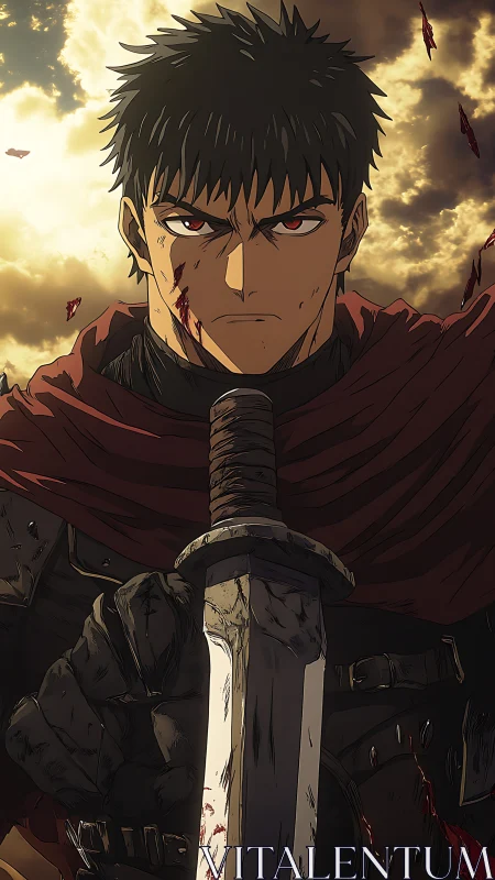 Armored swordsman with bloodstained blade under cloudy sky.