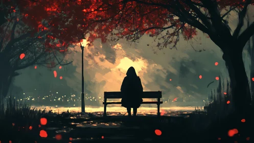 Hooded figure on bench under crimson autumn trees at dusk
