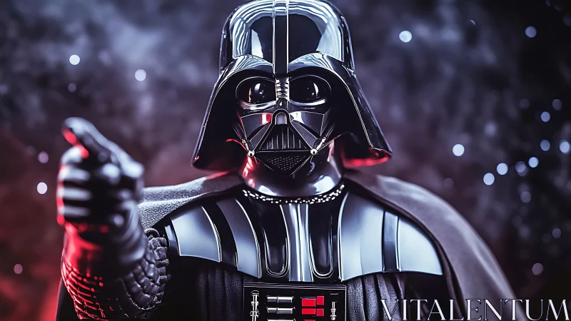 Imposing sci-fi armored figure in glossy black helmet stance.