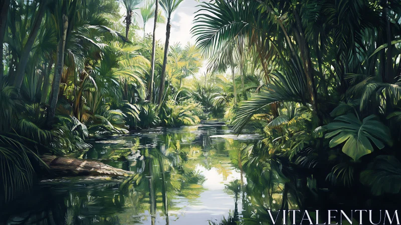 Lush jungle river mirror catching shards of emerald morning light.