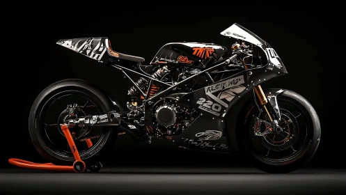 Track-prepped racing motorcycle with graphic livery on black.
