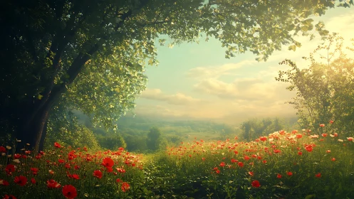 Morning light gently warms a tranquil field of red wildflowers