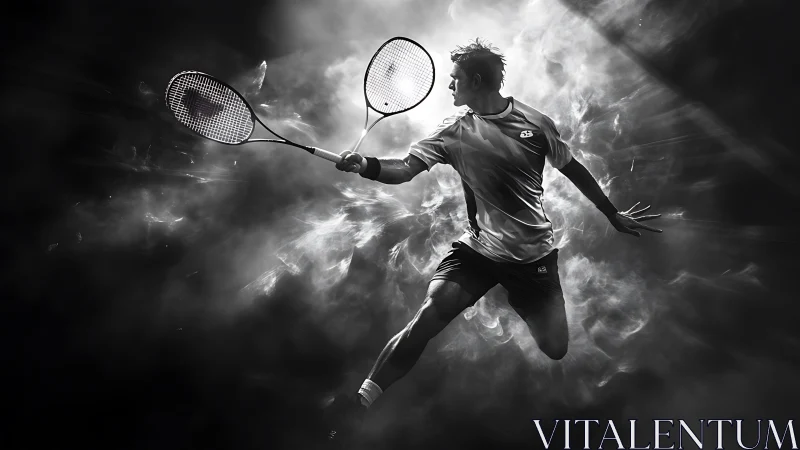 Dynamic monochrome badminton athlete suspended in smoky light