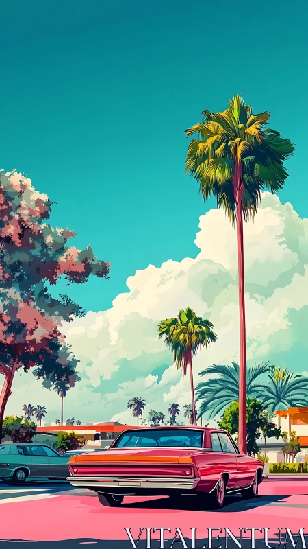 Classic red car waits under tall palm trees in retro lot