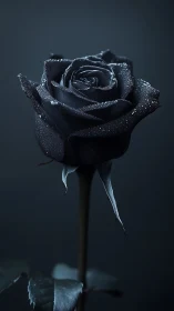Midnight black rose glowing softly with dewy elegance.