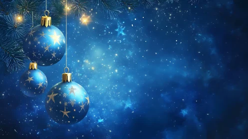 Starry blue Christmas ornaments glow in a cosmic night.