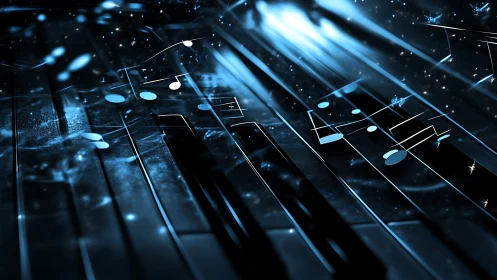 Neon piano keys with floating notes and radiant light beams.