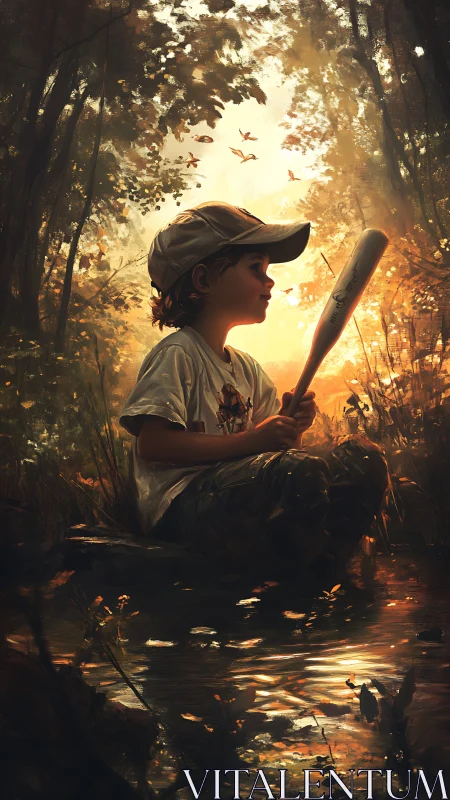 Child holds baseball bat beside reflective forest water at dusk
