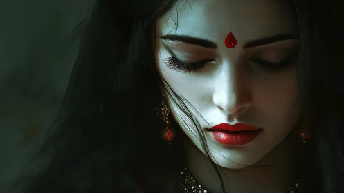 Digital portrait of meditative woman with red bindi and earrings