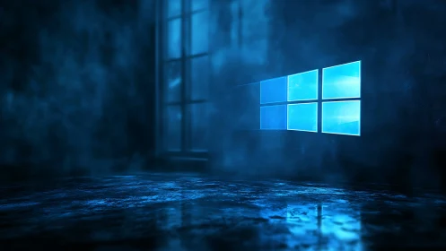 Glowing blue window logo in moody reflective space.