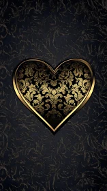Ornamental Gold Heart on Damask Pattern. Luxe Embellished Design.
