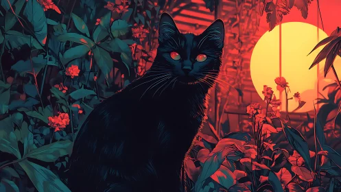 Black Cat with Glowing Eyes Among Red Flowers at Sunset.