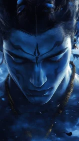 Blue-skinned male figure with closed eyes in frontal view